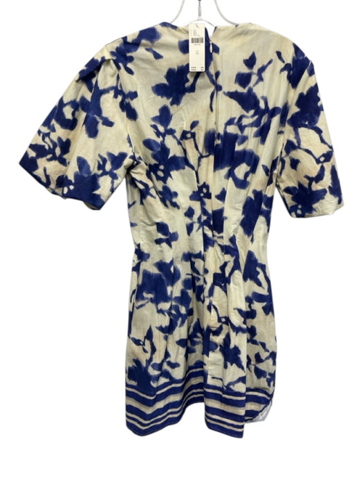Exquise Size XS Blue & Cream Cotton Smock neck Back Zip Puff Short Sleeve Dress Blue & Cream / XS