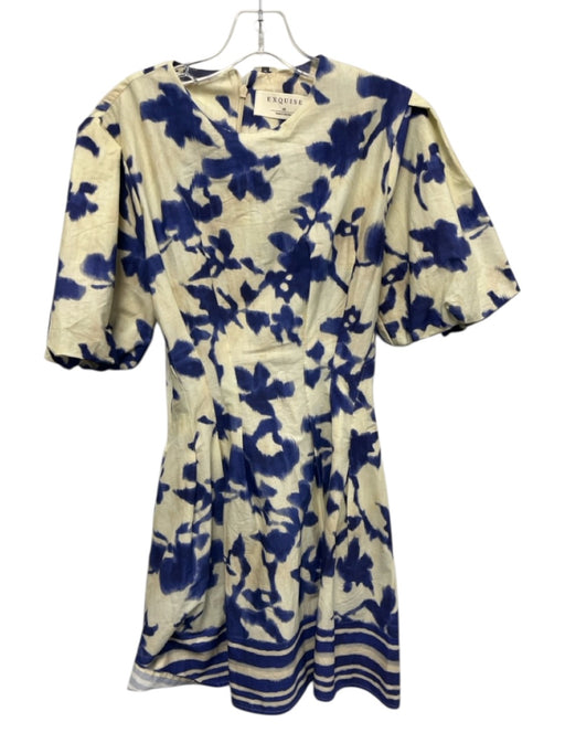 Exquise Size XS Blue & Cream Cotton Smock neck Back Zip Puff Short Sleeve Dress Blue & Cream / XS