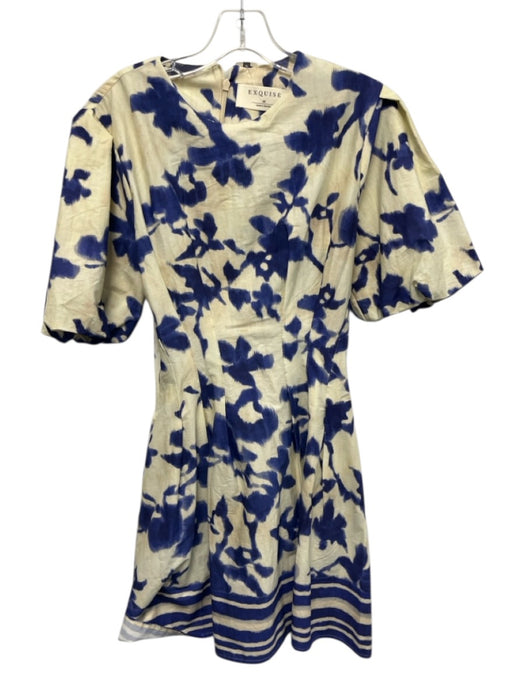 Exquise Size XS Blue & Cream Cotton Smock neck Back Zip Puff Short Sleeve Dress Blue & Cream / XS