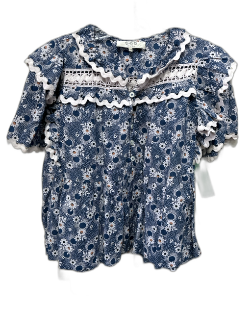 Sea New York Size XS Blue, White & Yellow Cotton Short Balloon Sleeve Peplum Top Blue, White & Yellow / XS