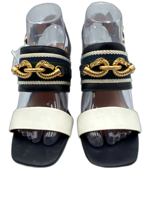 Tory Burch Shoe Size 8.5 Navy, Green & White Leather Square Toe Horsebit Sandals Navy, Green & White / 8.5