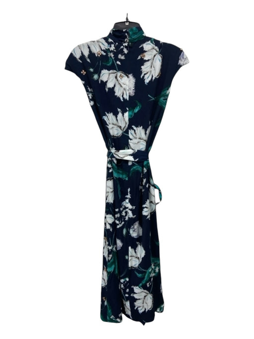 Erdem Size 2 Navy Blue, Green & White Viscose Cap Sleeve Floral Print Dress Navy Blue, Green & White / 2