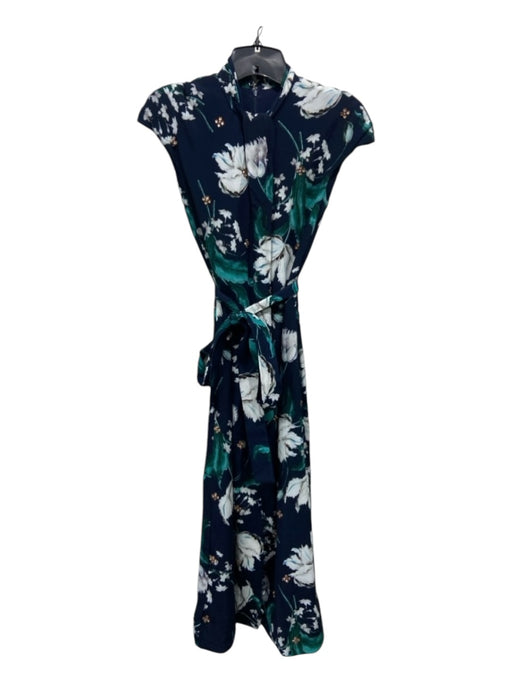 Erdem Size 2 Navy Blue, Green & White Viscose Cap Sleeve Floral Print Dress Navy Blue, Green & White / 2