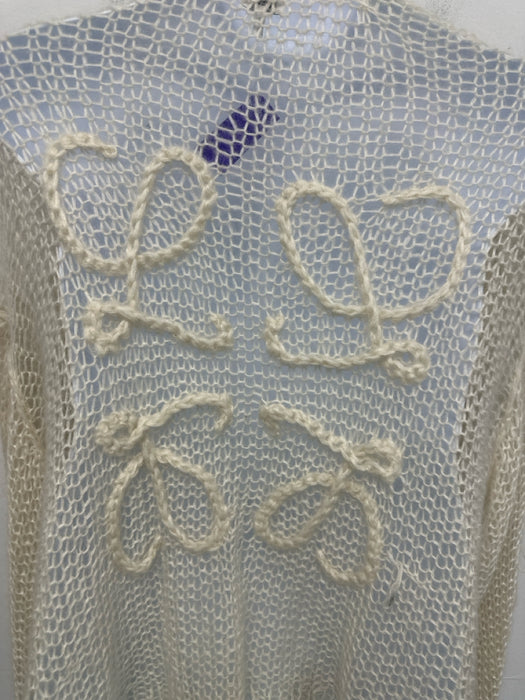 Loewe Size L Cream Mohair Blend Open Knit Back Logo Twist Detail Cardigan