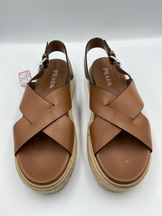 Prada Shoe Size 40 Brown & Beige Leather Espadrille Criss Cross Sandals