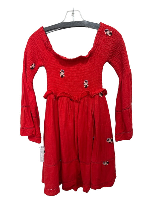 Free People Size XS Red White Black Cotton Blend Smocked Floral Embroidery Dress Red White Black / XS