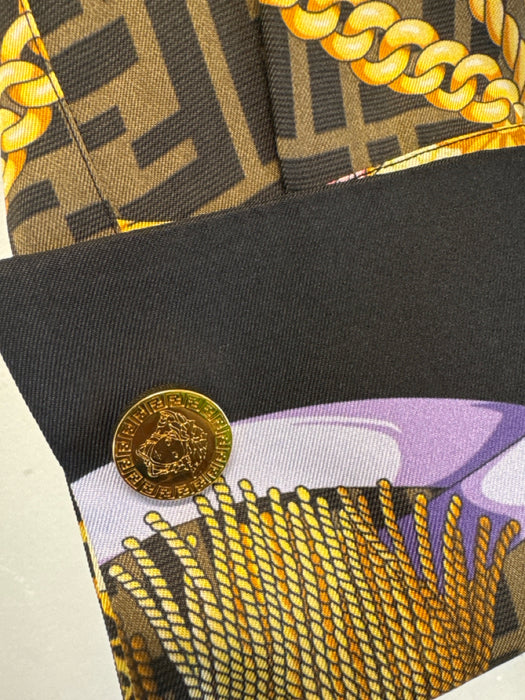 Fendace NWT Size 38 brown, gold, multi Silk zucca monogram fan print Shirt