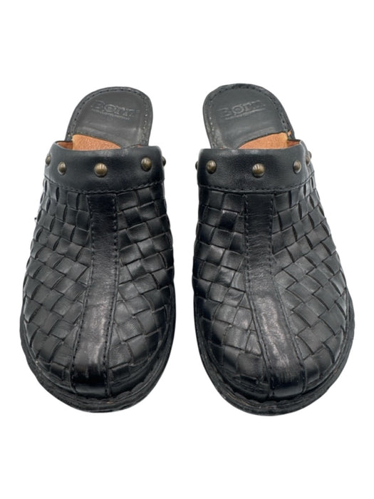 Born Shoe Size 36.5 Black Leather Wood Heel Braided Design Studs Clog Mules Black / 36.5