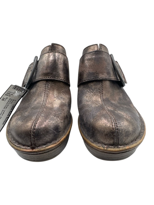 Born Shoe Size 38 Silver & Brown Leather Wood Heel Brushed Finish Clog Mules Silver & Brown / 38