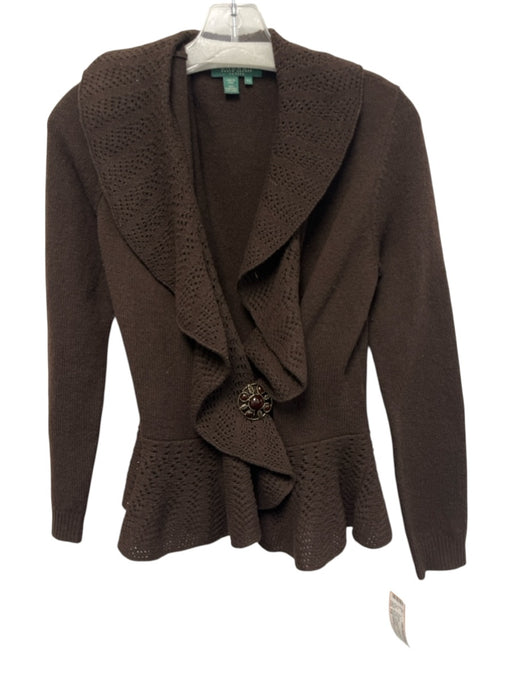 Lauren Ralph Lauren Size P/S Brown Lambswool Ruffle Knit Peplum Collar Sweater Brown / P/S
