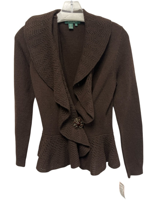 Lauren Ralph Lauren Size P/S Brown Lambswool Ruffle Knit Peplum Collar Sweater Brown / P/S