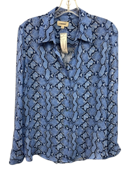 L'agence Size M Blue Silk Long Sleeve Button Up & Collar snake Top Blue / M