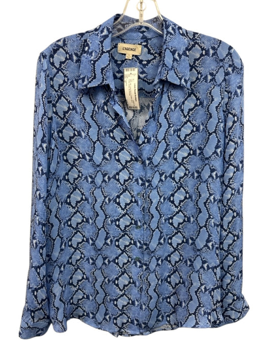 L'agence Size M Blue Silk Long Sleeve Button Up & Collar snake Top Blue / M