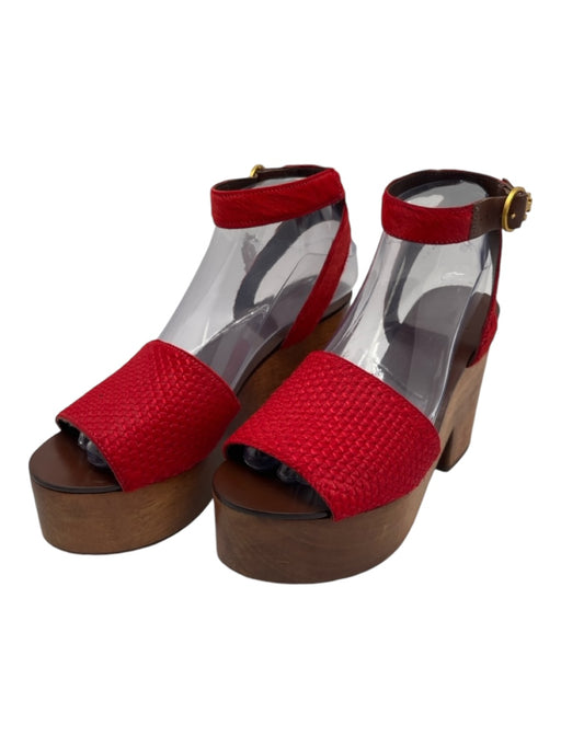 Tory Burch Shoe Size 6.5 Red & Brown Leather Pony Hair Wood Block Heel Sandals Red & Brown / 6.5