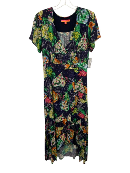 Vilagallo Size 42 Navy Blue, Green & Multi Viscose Blend Botanical Print Dress Navy Blue, Green & Multi / 42