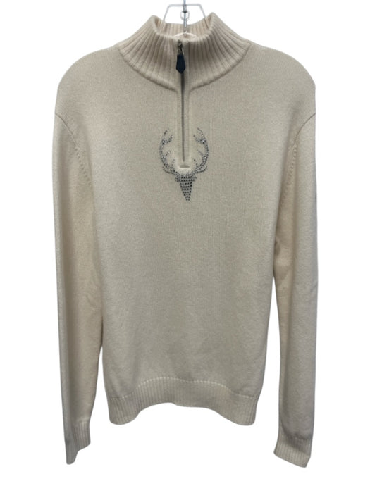 M. Miller Size L Cream White Cashmere Knit Rhinestone Detail Quarter Zip Sweater Cream White / L