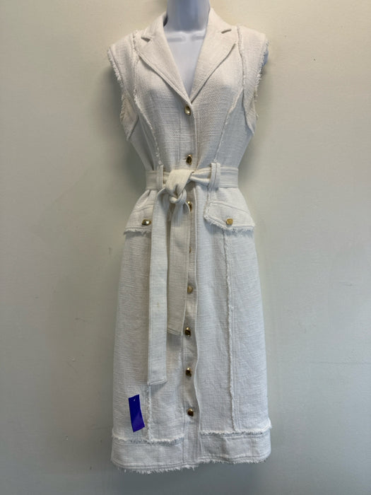 Aje Size 8 Cream White Cotton Sleeveless Frayed Edge Button Front Blazer Dress