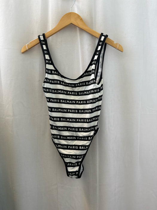 Balmain Size 34 Black & White Polyamid Logo Swimsuit