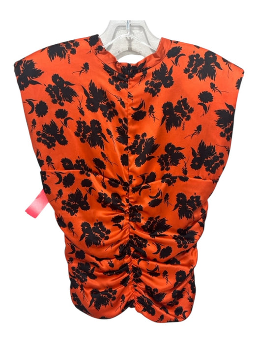 Ganni Size 38 Orange & Black Silk Floral Ruched Shoulder Pads Top Orange & Black / 38