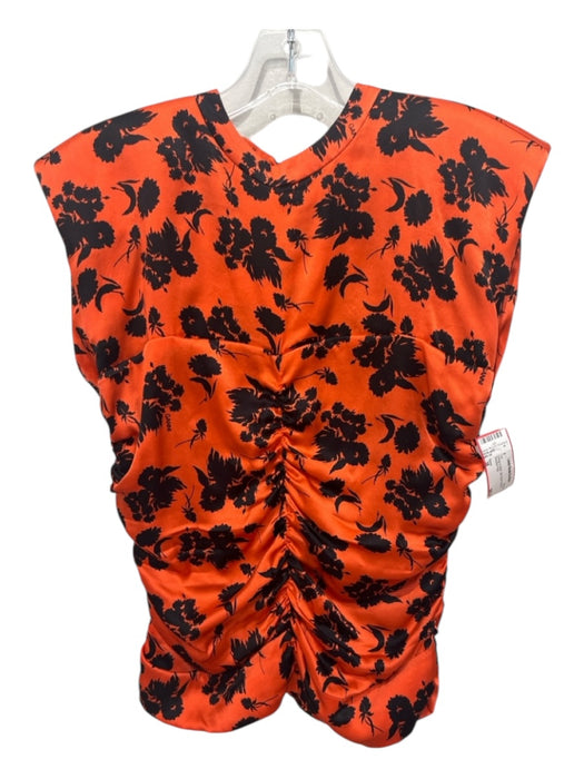 Ganni Size 38 Orange & Black Silk Floral Ruched Shoulder Pads Top Orange & Black / 38