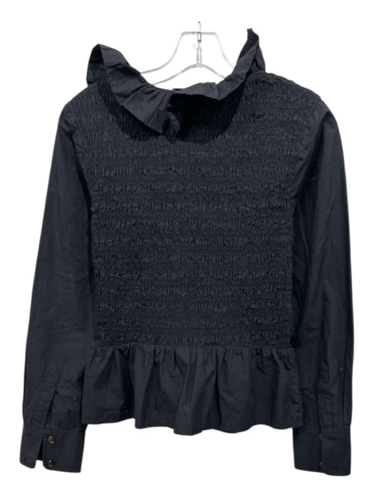 Ganni Size 36 Black Cotton Long Sleeve Scoop Neck Ruffle Neck Smocked Bodice Top Black / 36