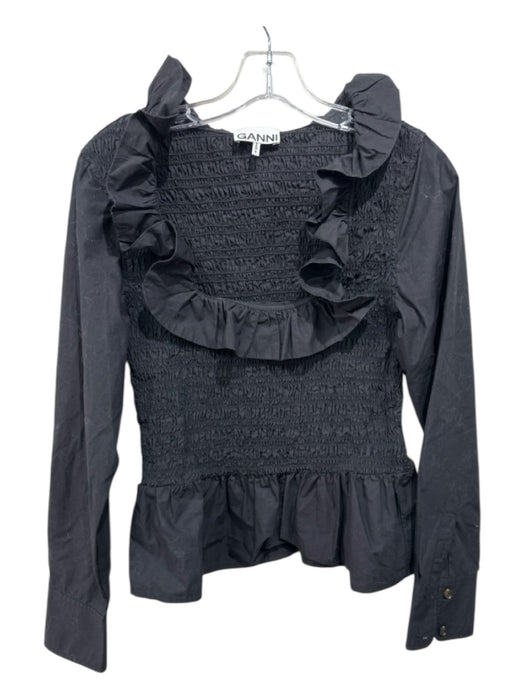 Ganni Size 36 Black Cotton Long Sleeve Scoop Neck Ruffle Neck Smocked Bodice Top Black / 36