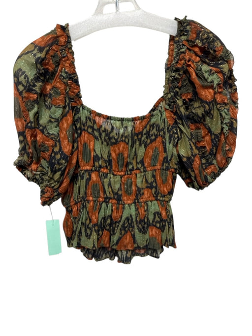 Ulla Johnson Size 4 Black, Orange, Green Cotton Blend Short Puff Sleeve Top Black, Orange, Green / 4