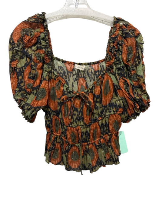 Ulla Johnson Size 4 Black, Orange, Green Cotton Blend Short Puff Sleeve Top Black, Orange, Green / 4