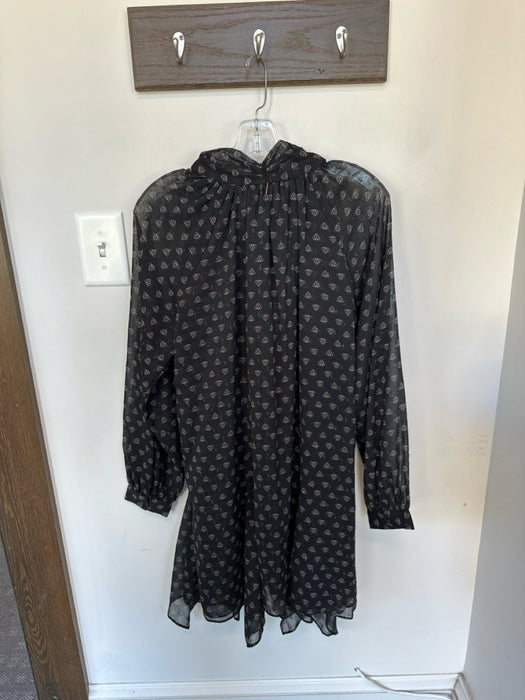 Misa Size S Black & Tan Polyester Long Balloon Sleeve Flowers Swiss Dot Dress