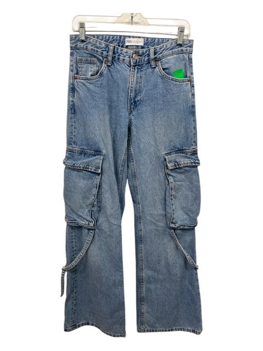 Zara Size 2 Light Wash Cotton Cargo Pockets Wide Leg Tie Detail mid rise Jeans Light Wash / 2