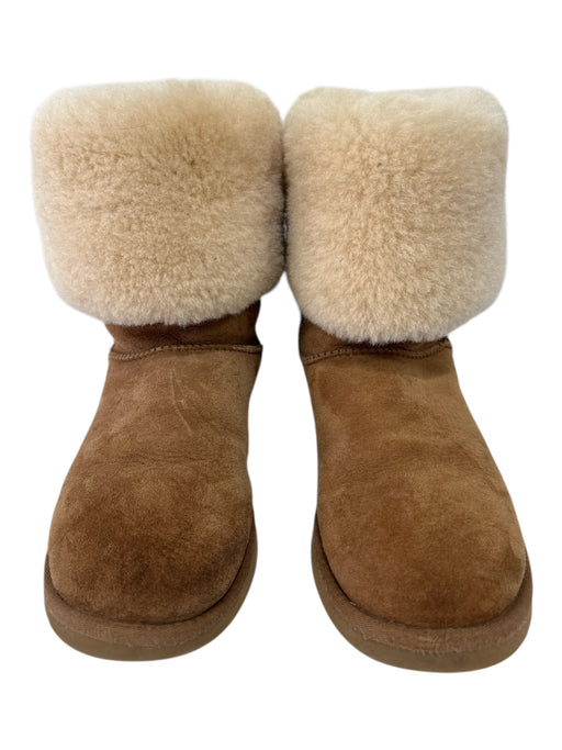 Ugg Shoe Size 8 Tan Brown & Cream Leather Sheepskin foldover Below Knee Boots Tan Brown & Cream / 8