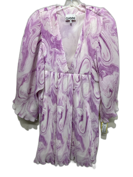 Ganni Size XXS/XS Purple & White Polyester Accordian Pleats V Neck Mini Dress Purple & White / XXS/XS