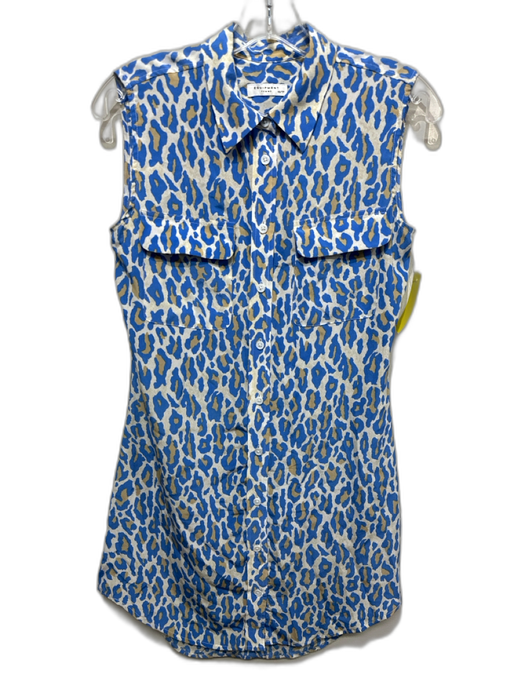 Equipment Femme Size XXS Blue & Multi Silk Button Front Sleeveless Dress Blue & Multi / XXS