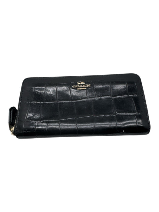 Coach Black Leather Zip Croc Embossed Continental Wallets Black