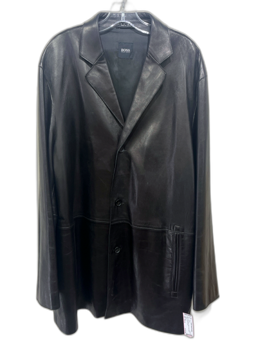 Boss AS IS Size Est XL Black Leather Solid Buttons Men's Jacket Black / Est XL