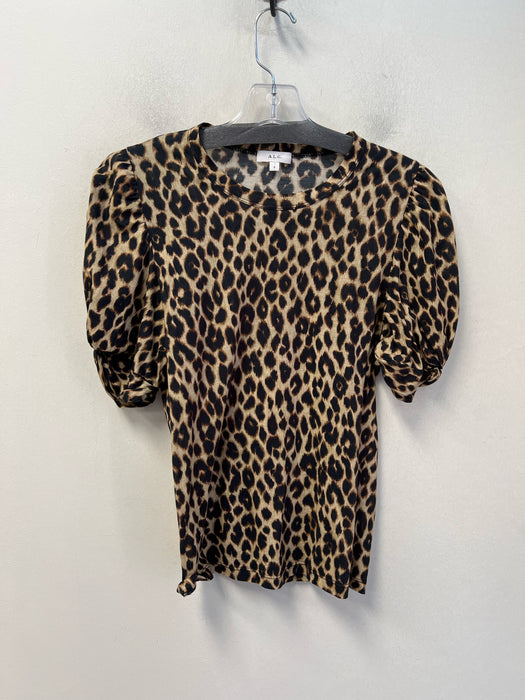 A.L.C. Size S Tan & black Cotton Cheetah Round Neck Short Sleeve Fitted Top