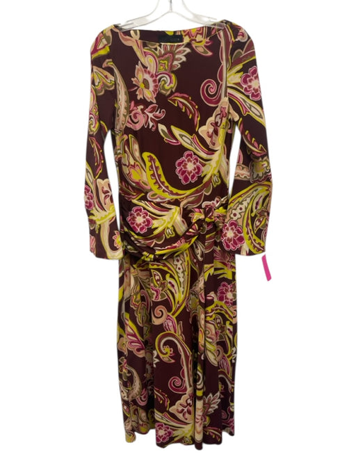 Zara Size Medium Burgundy, Pink, Yellow Polyester Long Sleeve Floral Midi Dress Burgundy, Pink, Yellow / Medium