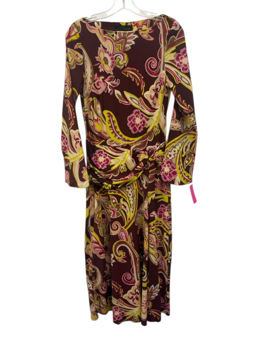 Zara Size Medium Burgundy, Pink, Yellow Polyester Long Sleeve Floral Midi Dress Burgundy, Pink, Yellow / Medium