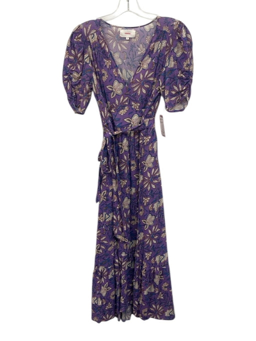 XiRENA Size XS purple, beige, blue Cotton Short Sleeve Floral Split Neck Dress purple, beige, blue / XS