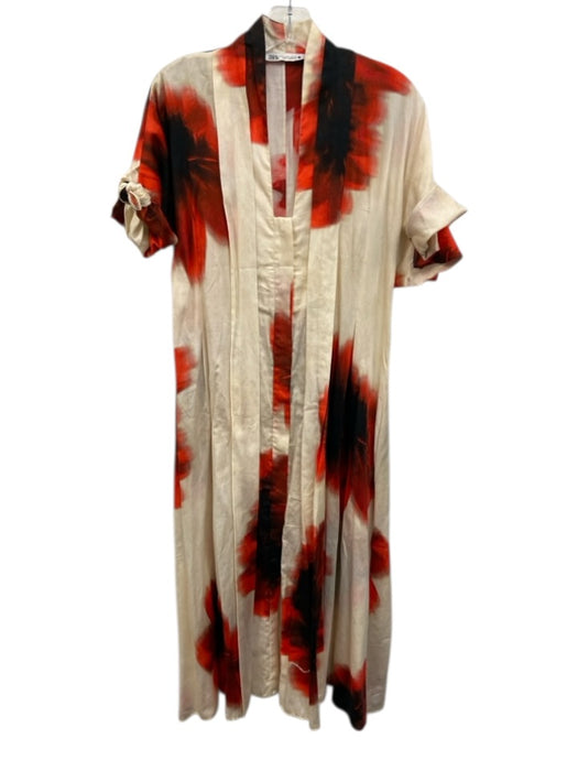 Zara Size M red & cream Cotton Button Front Short Sleeve Midi Dress red & cream / M