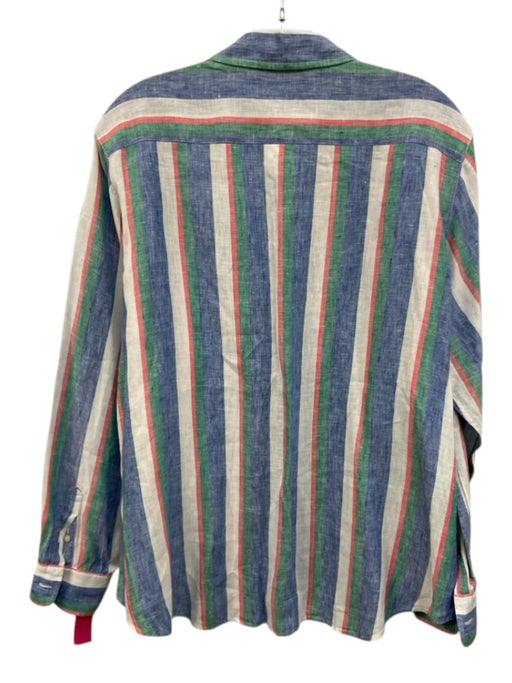 Frank & Eileen Size M Blue & Multi Linen Button Flap Collared Striped Top Blue & Multi / M