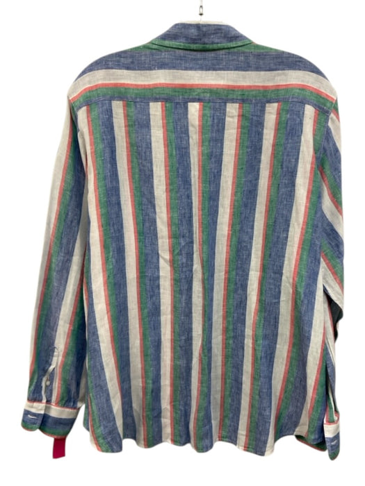 Frank & Eileen Size M Blue & Multi Linen Button Flap Collared Striped Top Blue & Multi / M