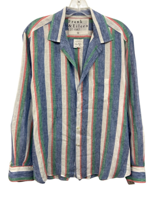 Frank & Eileen Size M Blue & Multi Linen Button Flap Collared Striped Top Blue & Multi / M