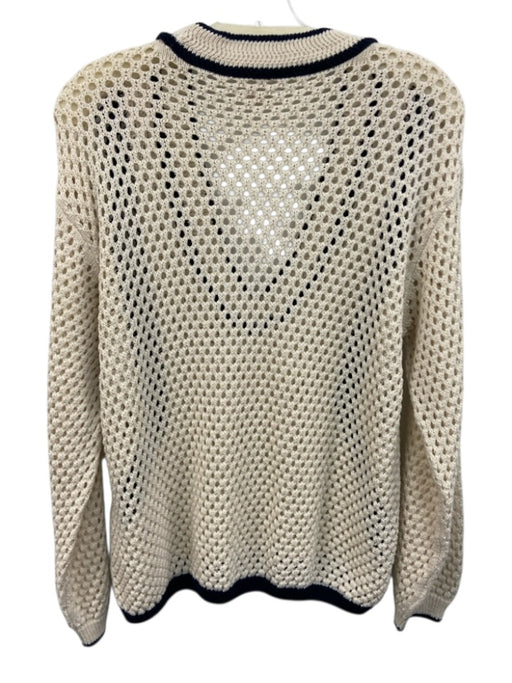 Pilcro Size M Ivory & Navy Cotton Blend Open Knit Contrast Detail V Neck Sweater Ivory & Navy / M