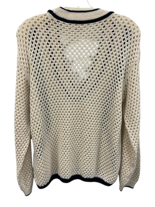 Pilcro Size M Ivory & Navy Cotton Blend Open Knit Contrast Detail V Neck Sweater Ivory & Navy / M