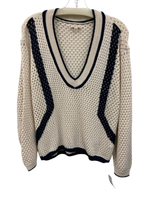 Pilcro Size M Ivory & Navy Cotton Blend Open Knit Contrast Detail V Neck Sweater Ivory & Navy / M