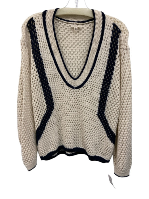 Pilcro Size M Ivory & Navy Cotton Blend Open Knit Contrast Detail V Neck Sweater Ivory & Navy / M