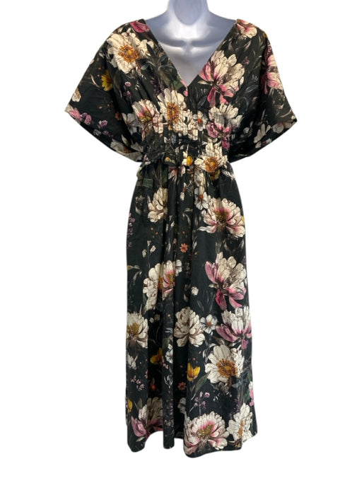 Anthropologie Size S Black & Multi Cotton Floral V Neck Cap Sleeve Pleats Dress Black & Multi / S