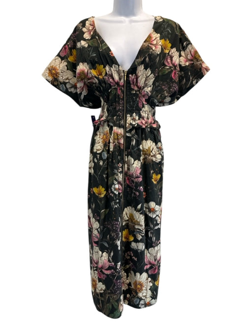 Anthropologie Size S Black & Multi Cotton Floral V Neck Cap Sleeve Pleats Dress Black & Multi / S