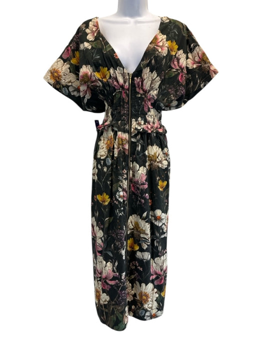 Anthropologie Size S Black & Multi Cotton Floral V Neck Cap Sleeve Pleats Dress Black & Multi / S